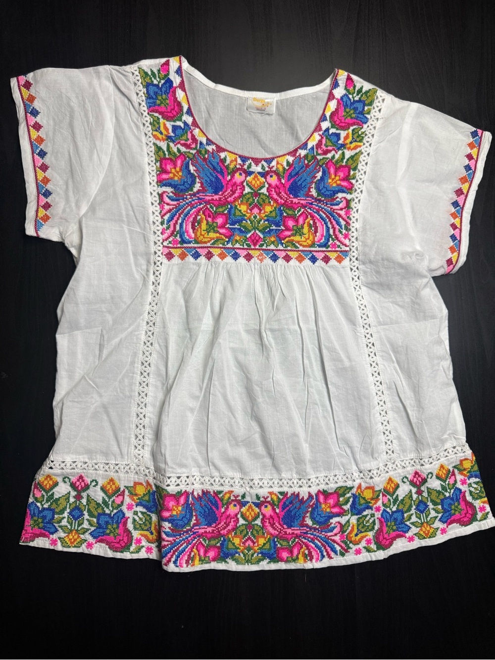 MEXICANA White Tunic with Pink & Blue Bird Embroidery